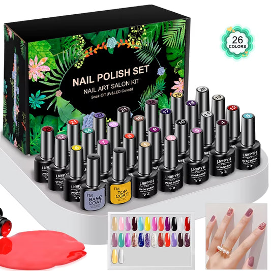 Gel Nail Polish Set Nail Gel Kit 26 Color Semi Permanent UV Led Gel Varnish Soak off Nail Lacquers Base Coat Top Coat Kit