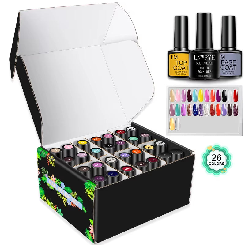 Gel Nail Polish Set Nail Gel Kit 26 Color Semi Permanent UV Led Gel Varnish Soak off Nail Lacquers Base Coat Top Coat Kit